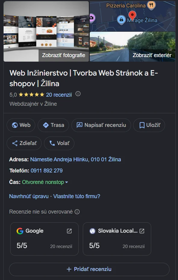 Google firemný profil Web Inžinierstvo s hodnotením 5,0 a dvadsiatimi recenziami
