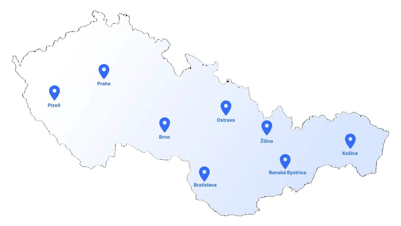 Mapa Slovenska a Česka s mestami, v ktorých mám klientov: Bratislava, Žilina, Banská Bystrica, Košice, Praha, Brno, Ostrava a Plzeň