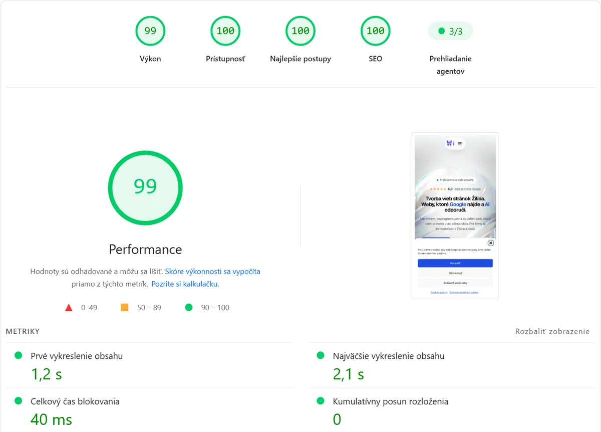 Google PageSpeed Insights, mobil: výkon 99, prístupnosť 100, osvedčené postupy 100, SEO 100