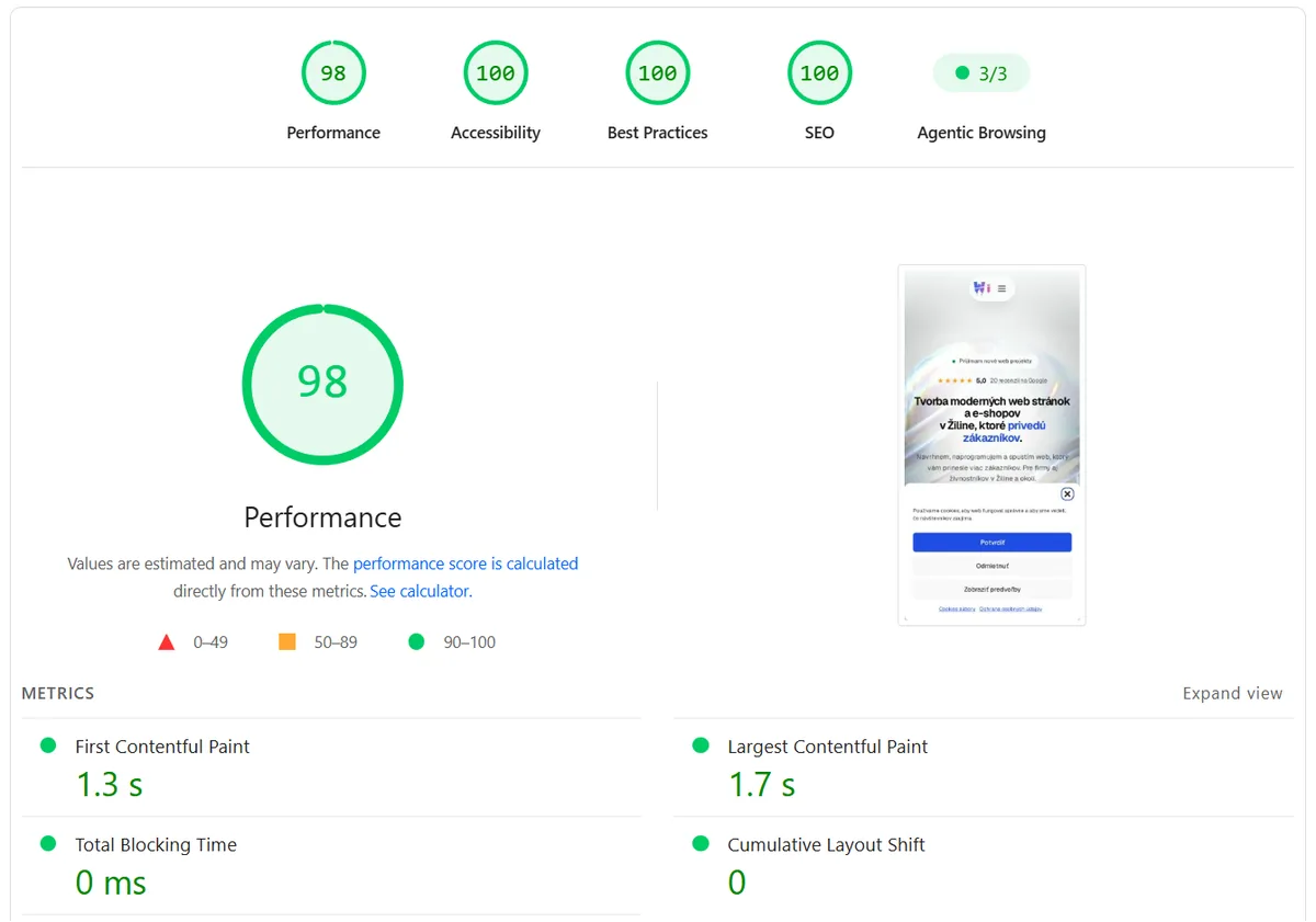 Google PageSpeed Insights, mobil: výkon 98, prístupnosť 100, osvedčené postupy 100, SEO 100