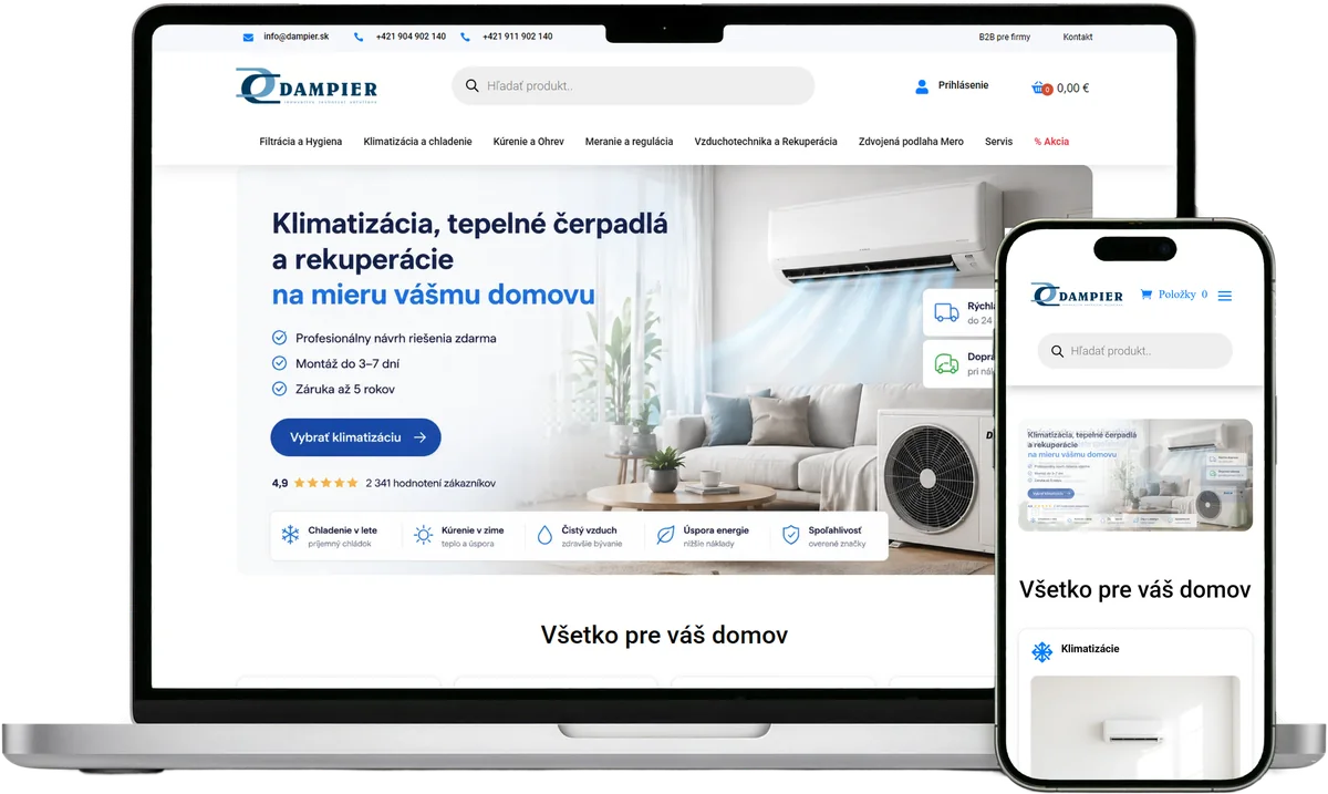 E-shop Dampier so vzduchotechnikou a klimatizáciou na notebooku a mobile