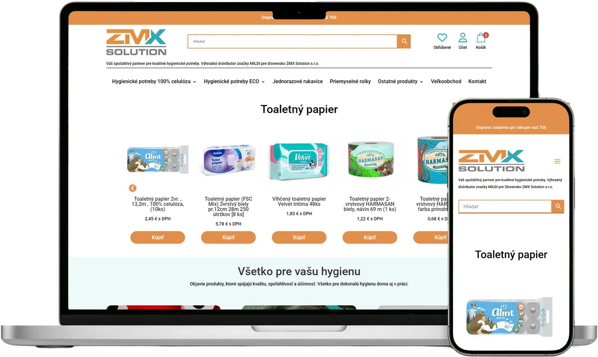 E-shop Hygienashop s hygienickými potrebami na notebooku a mobile