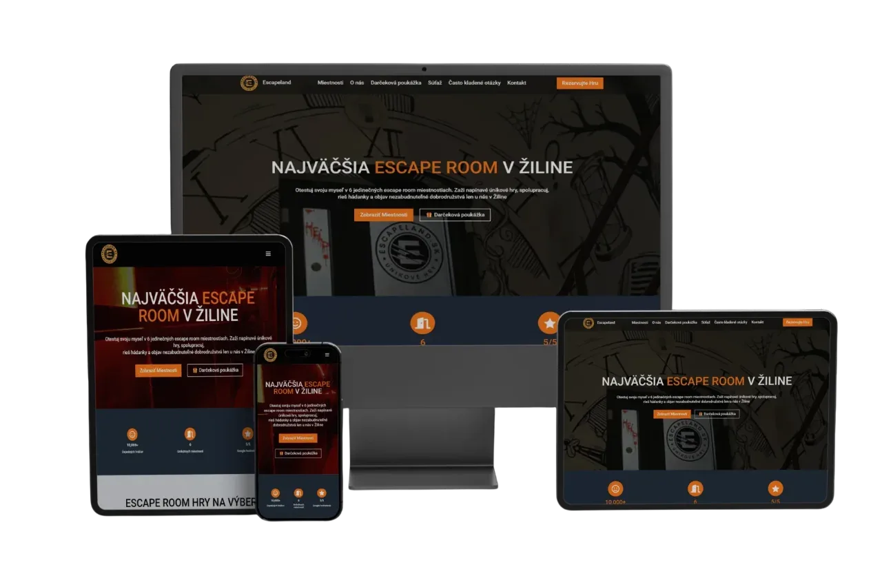 Web Escapeland zobrazený na počítači, notebooku, tablete a telefóne