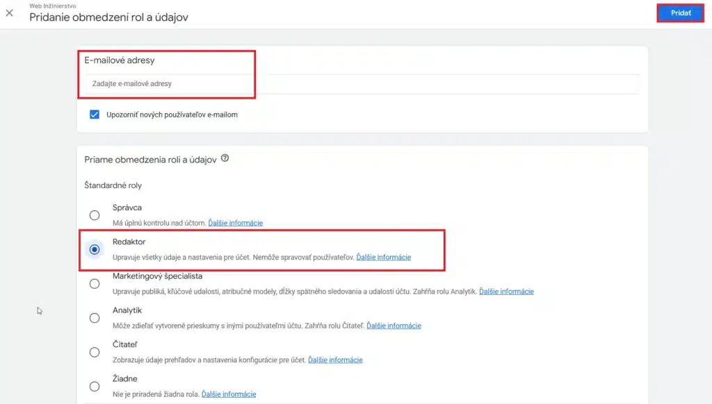 Nastavenie role na redaktor v google analytics