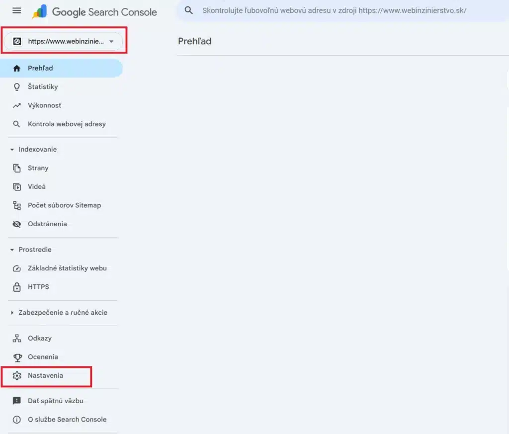 V google search console kliknite na nastavenie